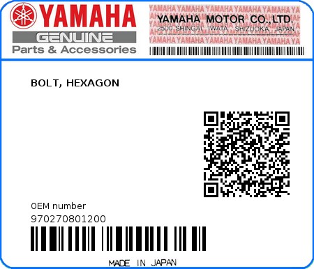 Product image: Yamaha - 970270801200 - BOLT, HEXAGON  0