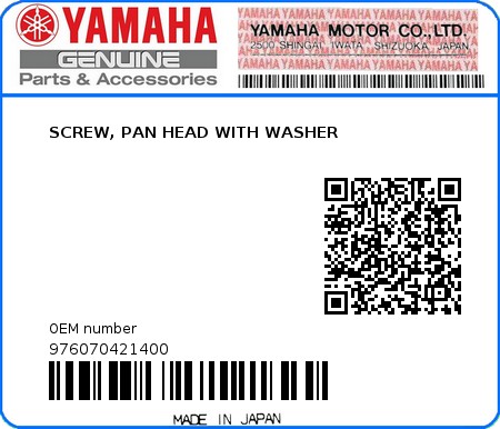 Product image: Yamaha - 976070421400 - SCREW, PAN HEAD WITH WASHER  0