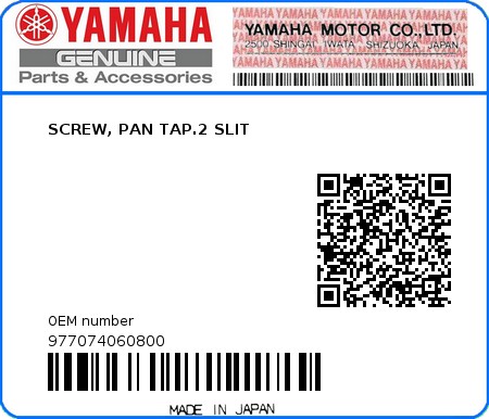 Product image: Yamaha - 977074060800 - SCREW, PAN TAP.2 SLIT  0