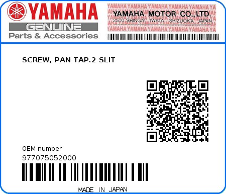 Product image: Yamaha - 977075052000 - SCREW, PAN TAP.2 SLIT  0