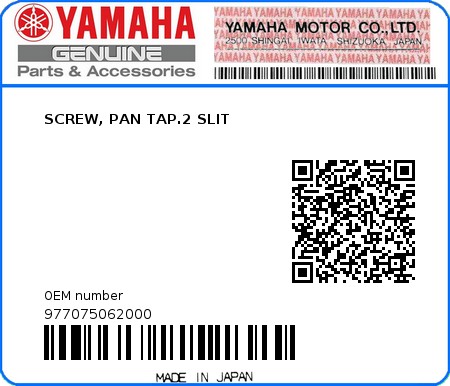 Product image: Yamaha - 977075062000 - SCREW, PAN TAP.2 SLIT  0