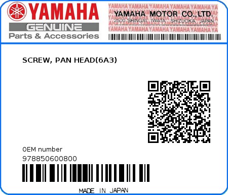 Product image: Yamaha - 978850600800 - SCREW, PAN HEAD(6A3)  0