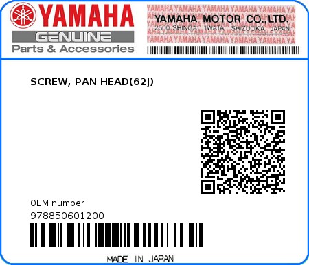 Product image: Yamaha - 978850601200 - SCREW, PAN HEAD(62J)  0