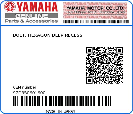 Product image: Yamaha - 97D950601600 - BOLT, HEXAGON DEEP RECESS  0
