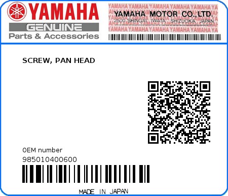 Product image: Yamaha - 985010400600 - SCREW, PAN HEAD  0