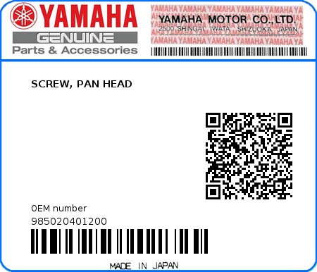 Product image: Yamaha - 985020401200 - SCREW, PAN HEAD  0