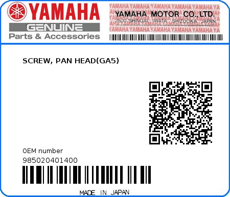 Product image: Yamaha - 985020401400 - SCREW, PAN HEAD(GA5)  0
