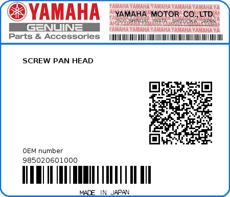 Product image: Yamaha - 985020601000 - SCREW PAN HEAD  0