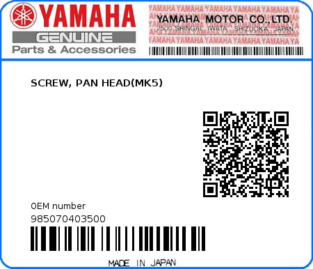 Product image: Yamaha - 985070403500 - SCREW, PAN HEAD(MK5)  0