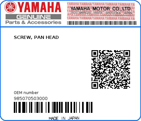 Product image: Yamaha - 985070503000 - SCREW, PAN HEAD   0