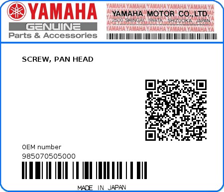 Product image: Yamaha - 985070505000 - SCREW, PAN HEAD  0