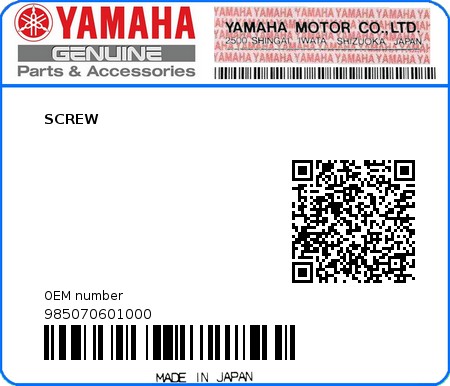 Product image: Yamaha - 985070601000 - SCREW   0