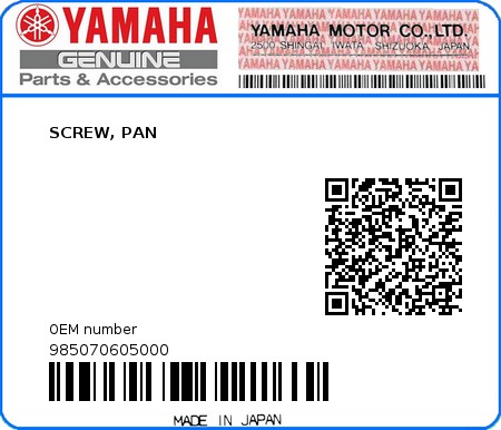 Product image: Yamaha - 985070605000 - SCREW, PAN  0