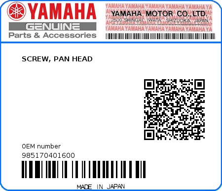 Product image: Yamaha - 985170401600 - SCREW, PAN HEAD   0