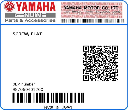 Product image: Yamaha - 987060401200 - SCREW, FLAT  0