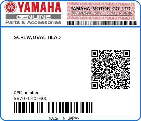 Product image: Yamaha - 987070401600 - SCREW,OVAL HEAD  0