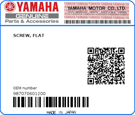 Product image: Yamaha - 987070601200 - SCREW, FLAT  0