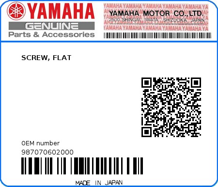 Product image: Yamaha - 987070602000 - SCREW, FLAT  0