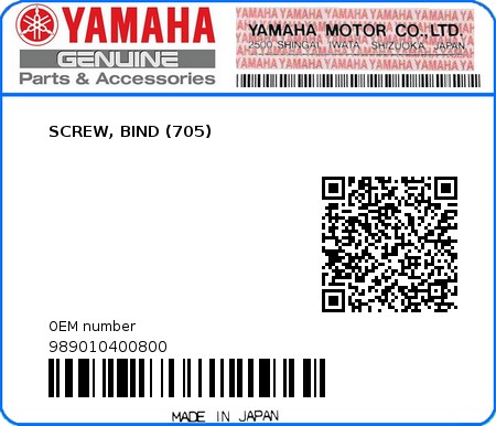 Product image: Yamaha - 989010400800 - SCREW, BIND (705)  0