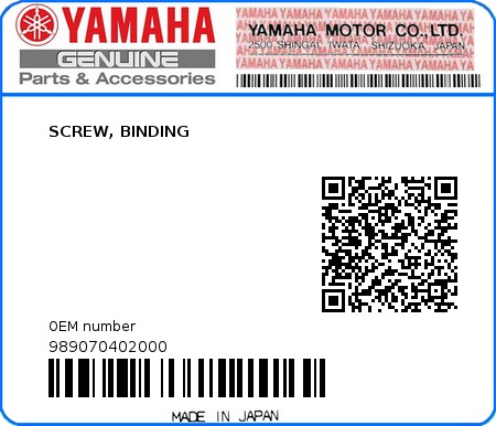 Product image: Yamaha - 989070402000 - SCREW, BINDING  0