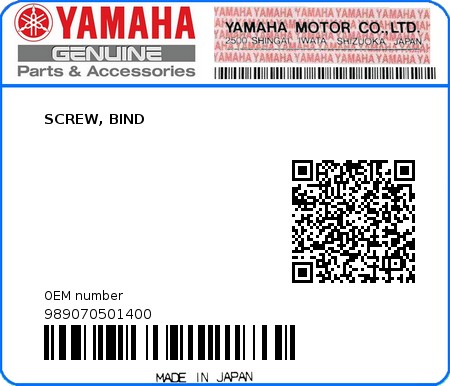 Product image: Yamaha - 989070501400 - SCREW, BIND  0
