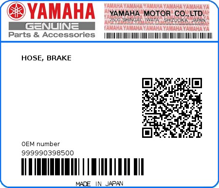 Product image: Yamaha - 999990398500 - HOSE, BRAKE  0