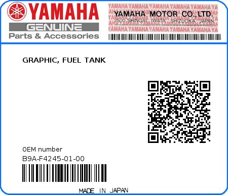 Product image: Yamaha - B9A-F4245-01-00 - GRAPHIC, FUEL TANK  0