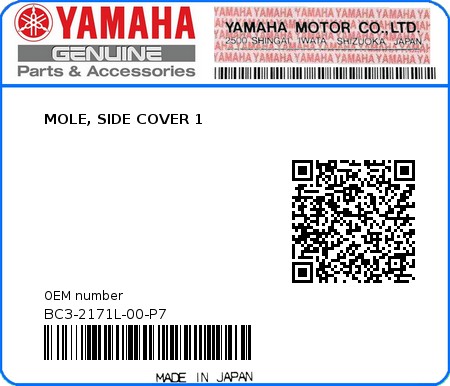 Product image: Yamaha - BC3-2171L-00-P7 - MOLE, SIDE COVER 1  0