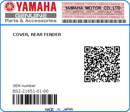Product image: Yamaha - BS2-21651-01-00 - COVER, REAR FENDER  0
