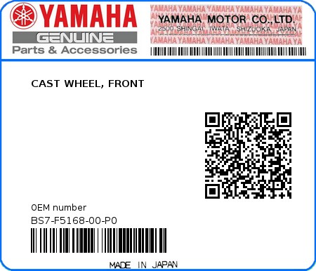 Product image: Yamaha - BS7-F5168-00-P0 - CAST WHEEL, FRONT  0