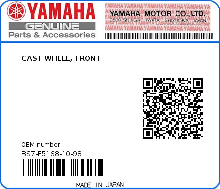 Product image: Yamaha - BS7-F5168-10-98 - CAST WHEEL, FRONT  0