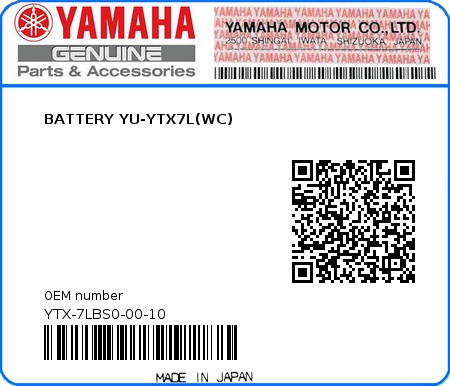 Product image: Yamaha - YTX-7LBS0-00-10 - BATTERY YU-YTX7L(WC)  0