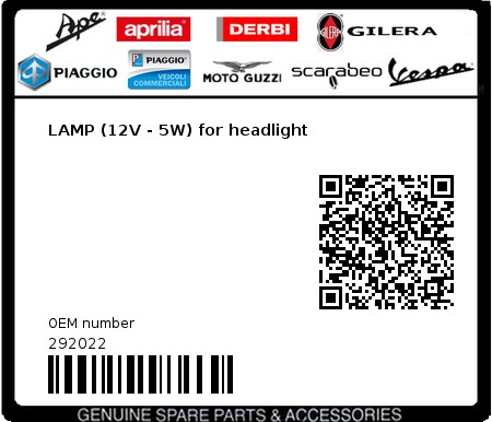Product image: Moto Guzzi - 292022 - LAMP (12V - 5W) for headlight  0