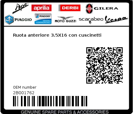 Product image: Moto Guzzi - 2B001762 - Ruota anteriore 3.5X16 con cuscinetti  0