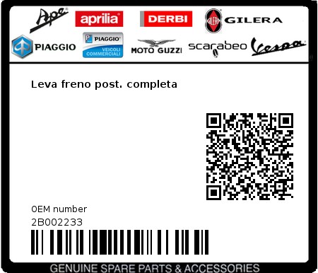 Product image: Moto Guzzi - 2B002233 - Leva freno post. completa  0