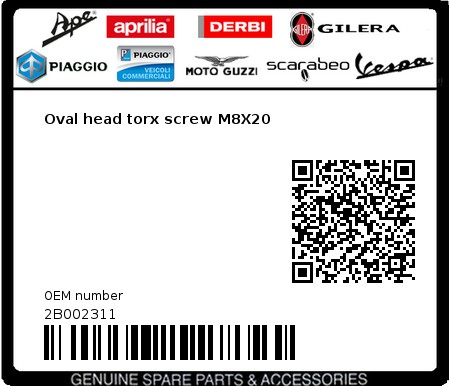 Product image: Moto Guzzi - 2B002311 - Oval head torx screw M8X20  0