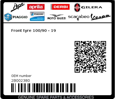 Product image: Moto Guzzi - 2B002380 - Front tyre 100/90 - 19  0