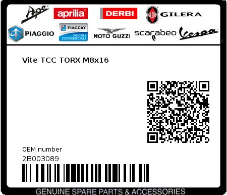 Product image: Moto Guzzi - 2B003089 - Vite TCC TORX M8x16  0