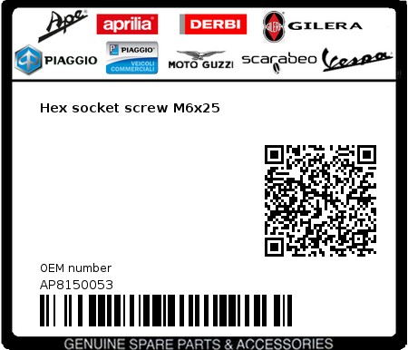 Product image: Moto Guzzi - AP8150053 - Hex socket screw M6x25  0