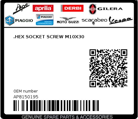 Product image: Moto Guzzi - AP8150195 - .HEX SOCKET SCREW M10X30  0