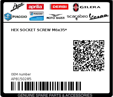 Product image: Moto Guzzi - AP8150285 - HEX SOCKET SCREW M6x35*  0