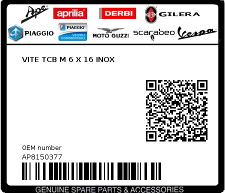 Product image: Moto Guzzi - AP8150377 - VITE TCB M 6 X 16 INOX  0