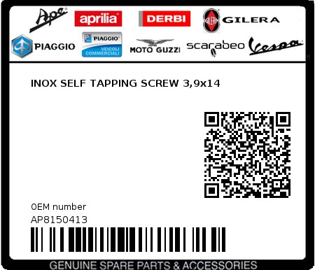 Product image: Moto Guzzi - AP8150413 - INOX SELF TAPPING SCREW 3,9x14  0