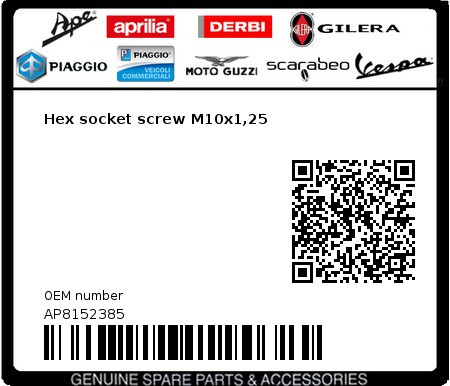 Product image: Moto Guzzi - AP8152385 - Hex socket screw M10x1,25  0