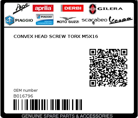 Product image: Moto Guzzi - B016796 - CONVEX HEAD SCREW TORX M5X16  0