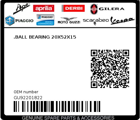 Product image: Moto Guzzi - GU92201822 - .BALL BEARING 20X52X15  0