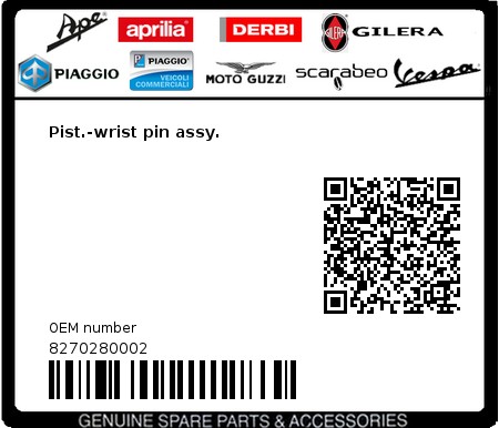 Product image: Aprilia - 8270280002 - Pist.-wrist pin assy.  0