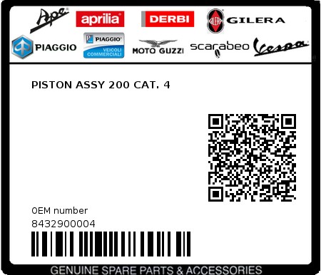 Product image: Aprilia - 8432900004 - PISTON ASSY 200 CAT. 4  0