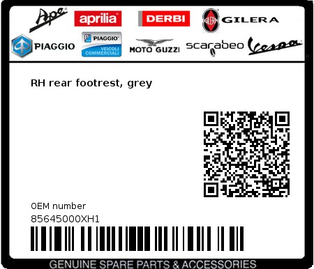 Product image: Aprilia - 85645000XH1 - RH rear footrest, grey  0