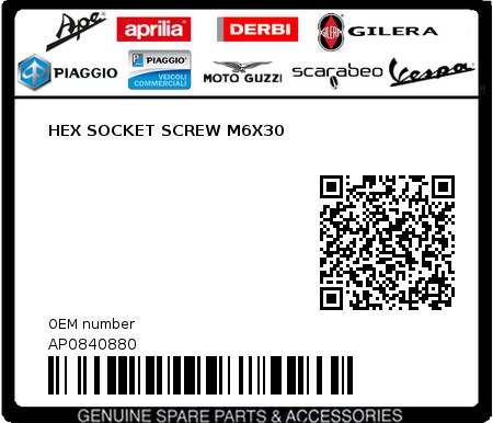 Product image: Aprilia - AP0840880 - HEX SOCKET SCREW M6X30  0